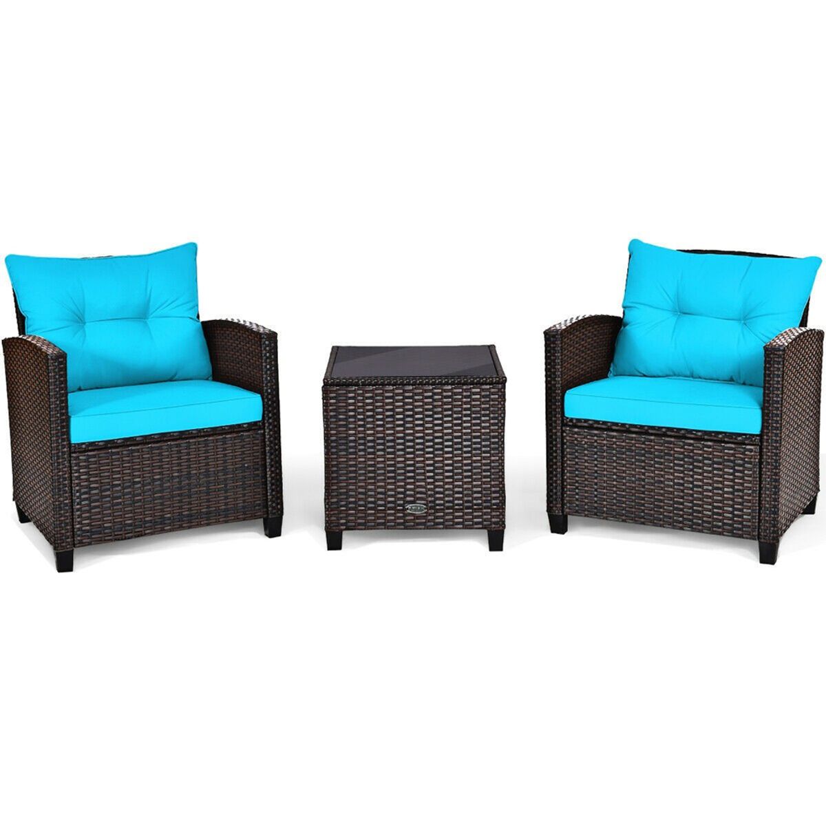 3-Piece Rattan Patio Furniture Set with Large Cushions - Furniture Set 3PCS-Turquoise