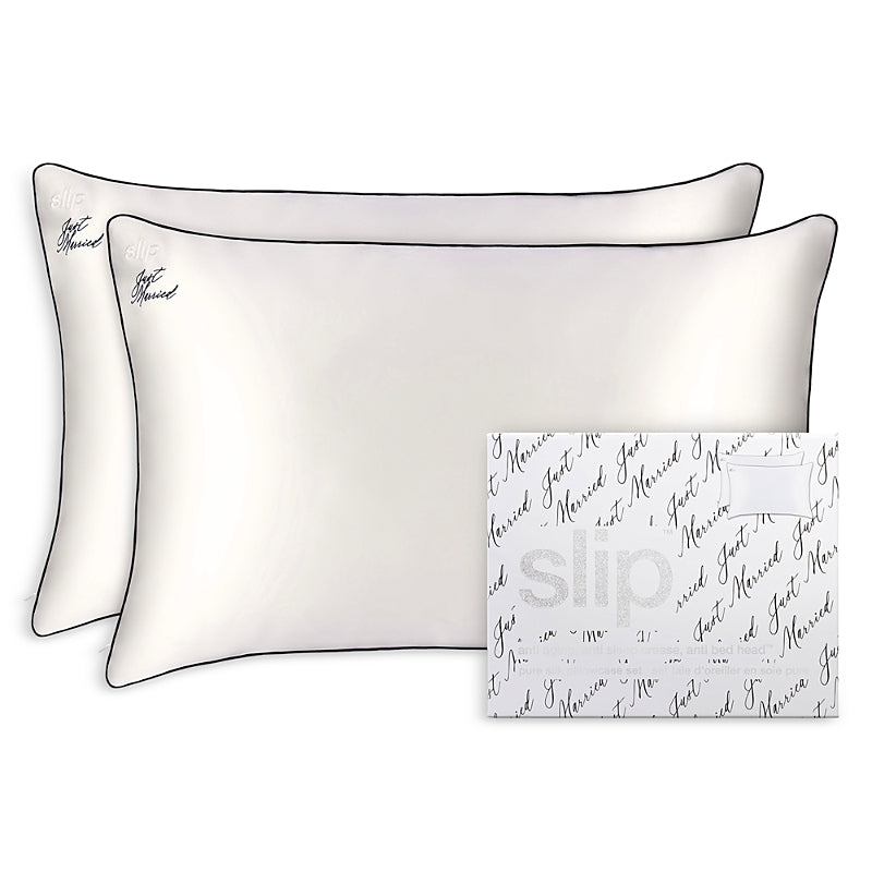 slip Just Married Embroidered Silk Pillowcase Set