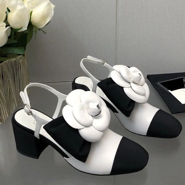Hot Womens Luxury Dress Shoes Camellia Shoe Thick Heel Designer Slingbacks Sandals Sheepskin Bow Adjustable Ankle Buckle Party Red Carpet Ca