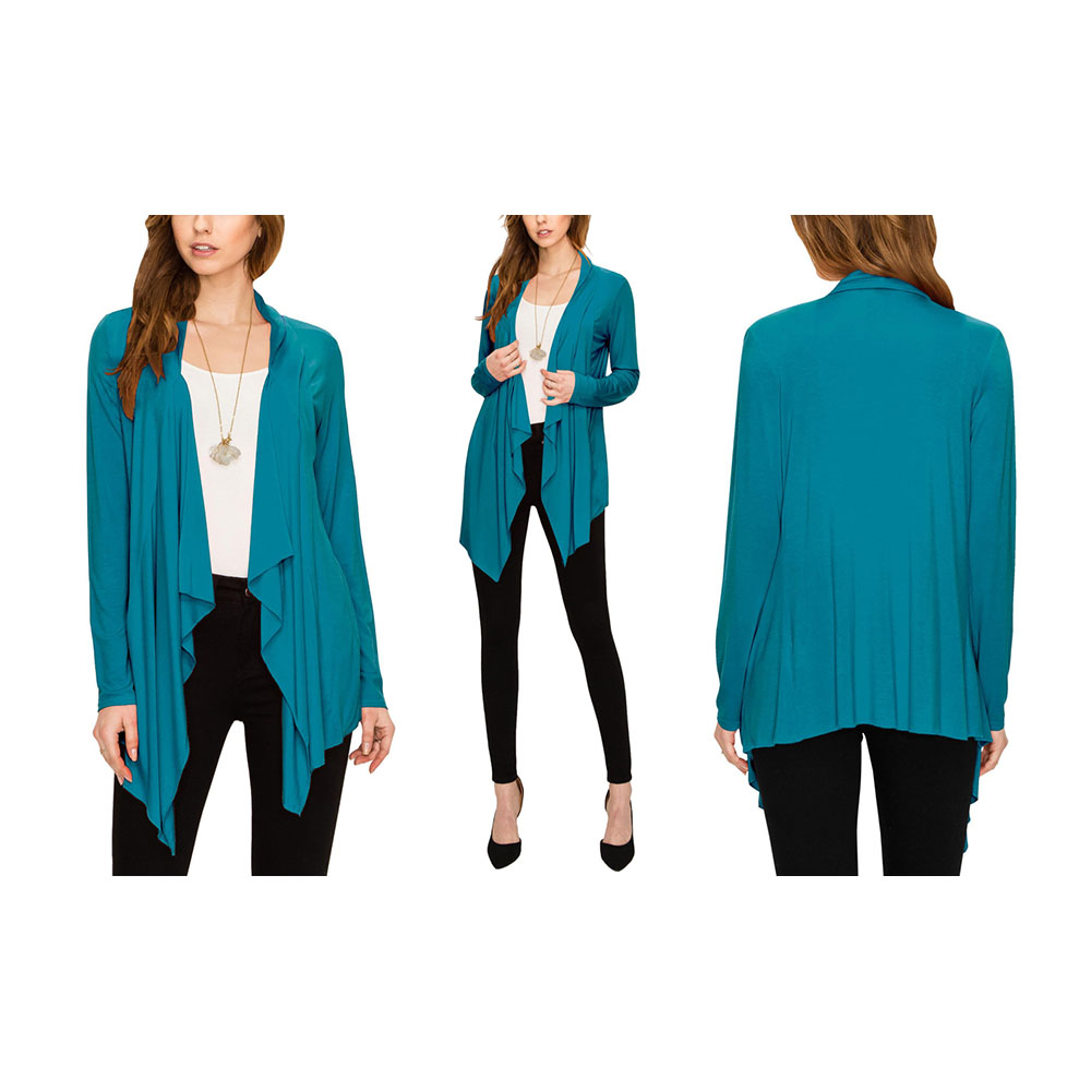Women's Draped Open Front Cardigan - Teal - Large