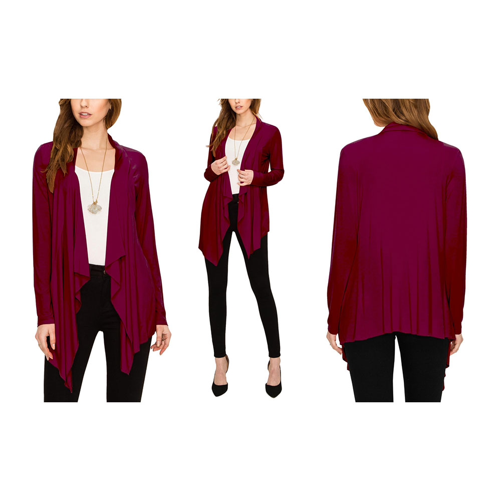 Women's Draped Open Front Cardigan - Wine - Small