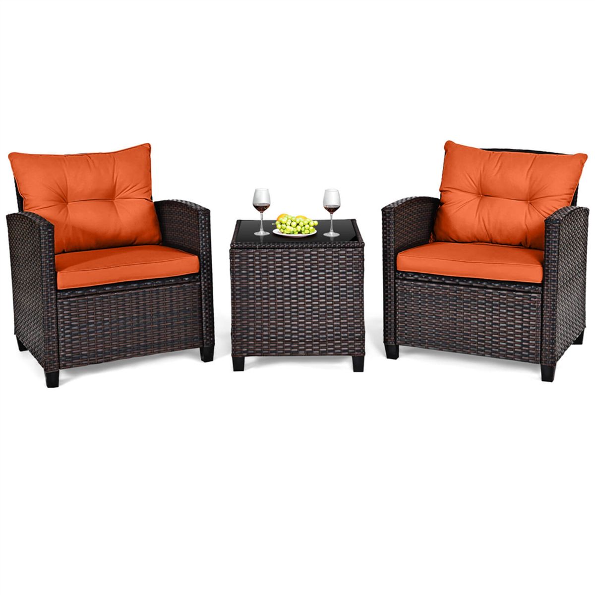 3-Piece Rattan Patio Furniture Set with Large Cushions - Furniture Set 3PCS-Orange
