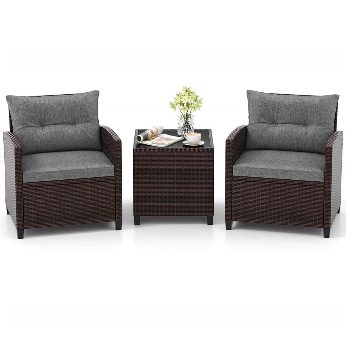 3-Piece Rattan Patio Furniture Set with Large Cushions - Furniture Set 3PCS-Gray