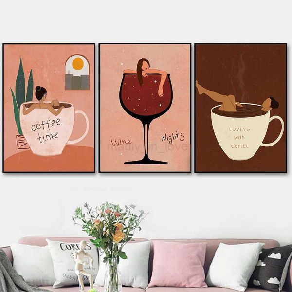 Nordic Drink Poster and Print Trendy Girl Coffee Wine Canvas Painting Modern Minimal Woman Wall Picture for Kitchen Home DecorM240722