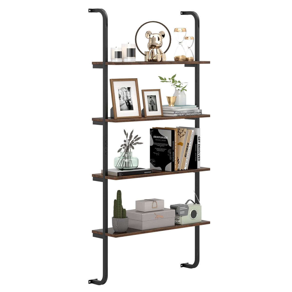 4-Tier Wall-Mounted Ladder Shelf with Heavy-Duty Metal Frame - Ladder Shelf-1PCS