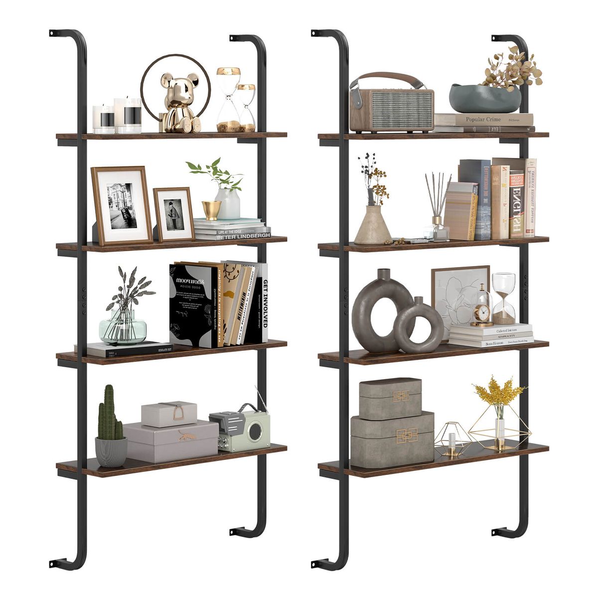 4-Tier Wall-Mounted Ladder Shelf with Heavy-Duty Metal Frame - Ladder Shelf-2PCS