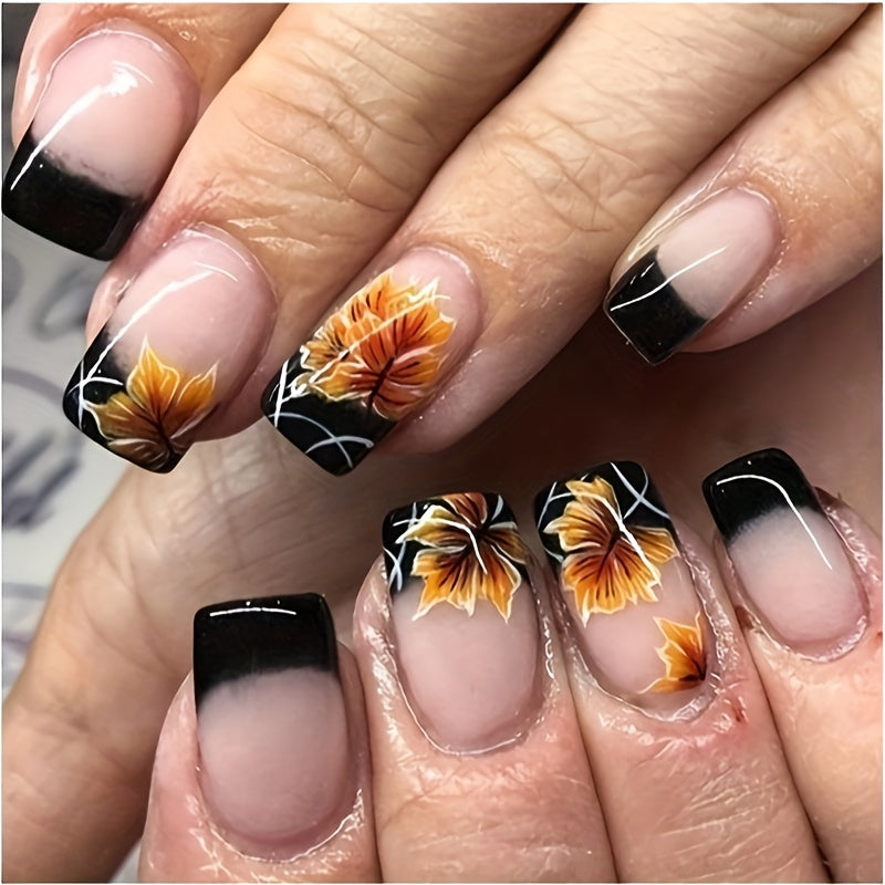 TEMU 24pcs Maple Leaf & Press-on Nails - Medium Square, Black To Nude Gradient With Orange & Yellow Accents, Glossy Finish - Includes Jelly Glue &