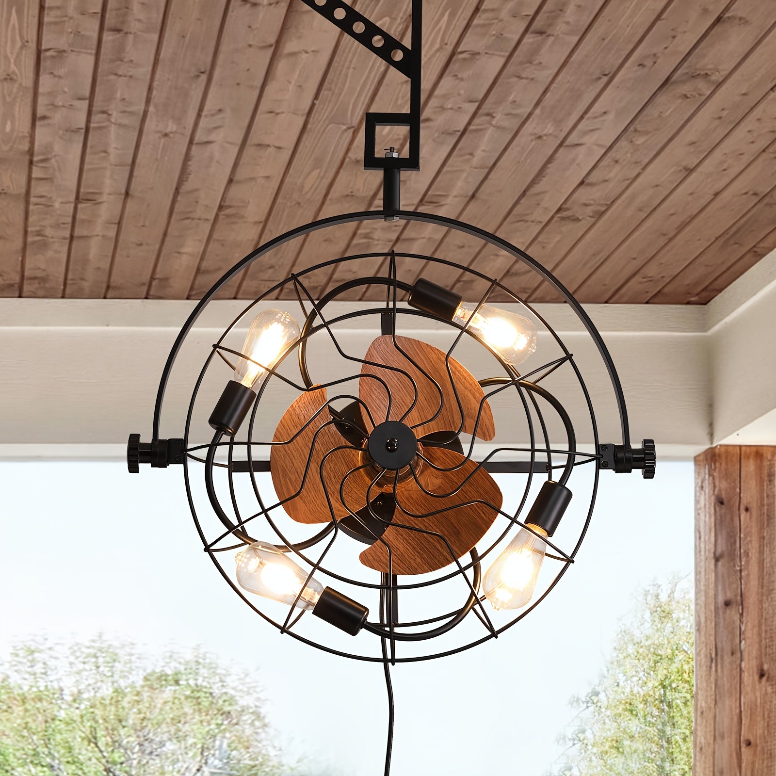 TEMU 20-inch Wall-mounted Cage Fan With Light Fixture And Remote Control, Suitable For Indoor-outdoor Decorative Use In Courtyards, Garages,