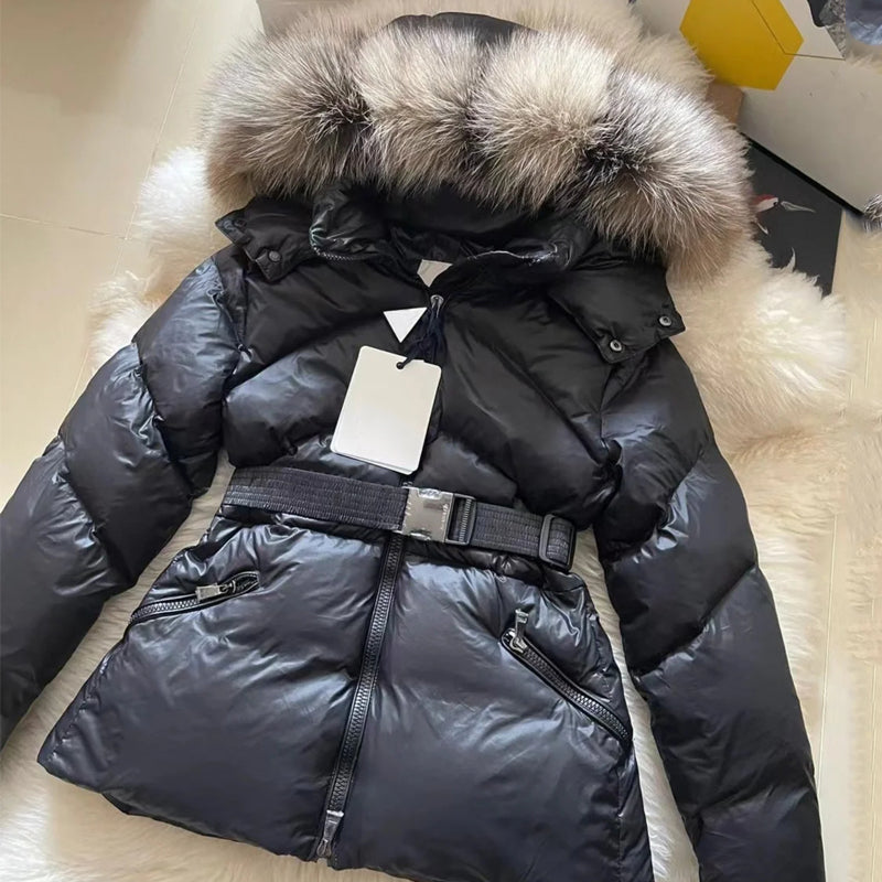 Luxury winter jacket womens fw22 designer puffer jacket fur coats real raccoon hair collar warm fashion parkas with belt lady coat outerwear down ja