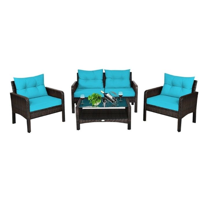 4-Piece Patio Rattan Furniture Set with Loveseat, Chairs, and Table - Turquoise