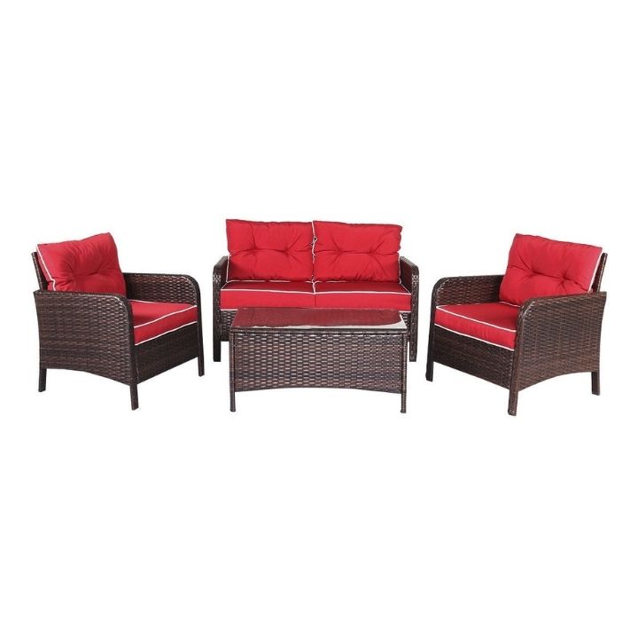 4-Piece Patio Rattan Furniture Set with Loveseat, Chairs, and Table - Red