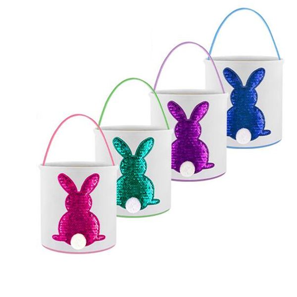 Party Gift Easter Bunny Basket Bag Glitter Paillettes Egg Hunt Bags Handbag Rabbit Fluffy Tails Toys Candy Bucket Tote For Kids Party Decora