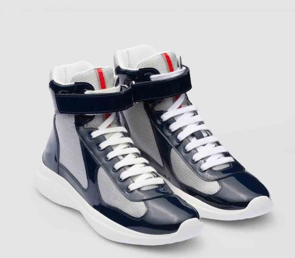 Luxury Men&#039;s casual shoes American Cup bike high top sneaker black patent leather Outdoor fashion sports runner lace up trainers with b