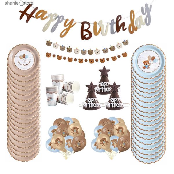 Disposable Dinnerware Birthday Party Disposable Tableware Brown Bear Pattern Paper Plate Cup Straws Bear Banner Baby Shower Birthday Party S