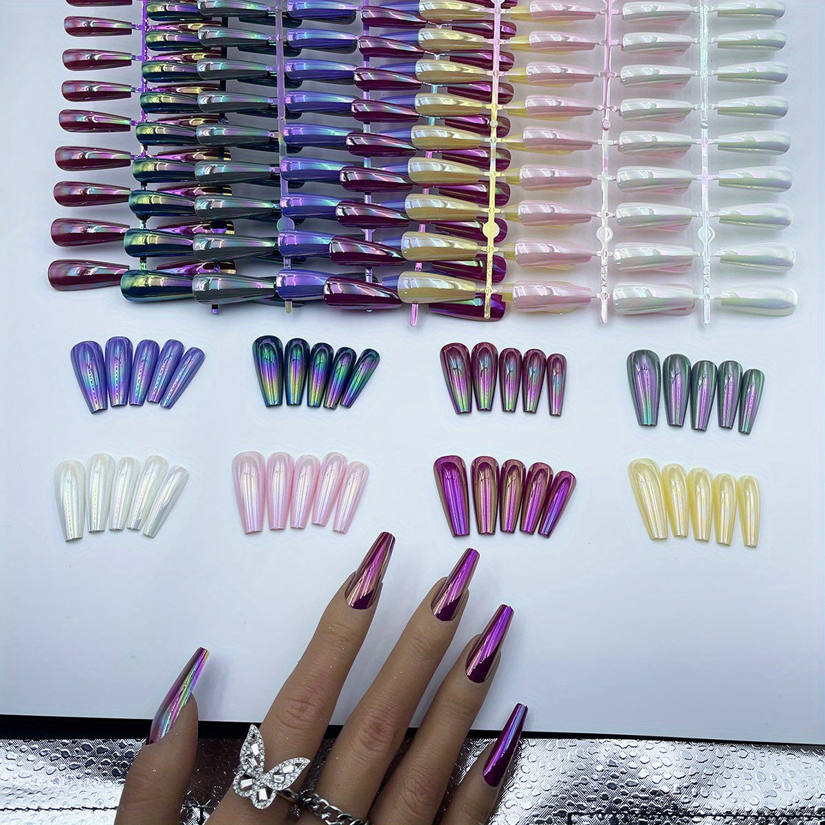 TEMU Style With This Set Of Long Ballet-shaped False Nails In 8 Vibrant Colors, Featuring A Glossy Aurora Finish.