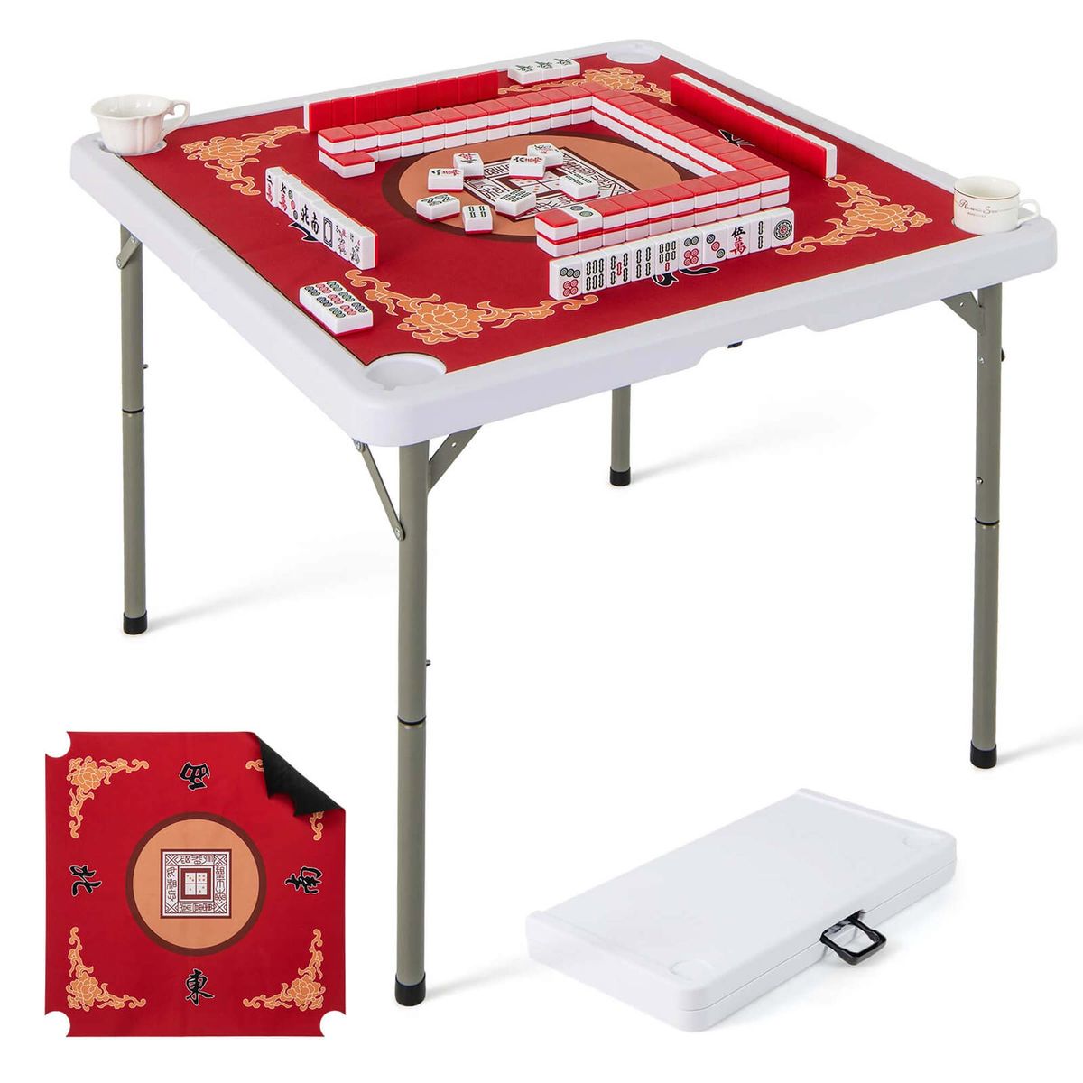 35" Folding Mahjong Table with Cup Holders  - Folding Mahjong Table-Red