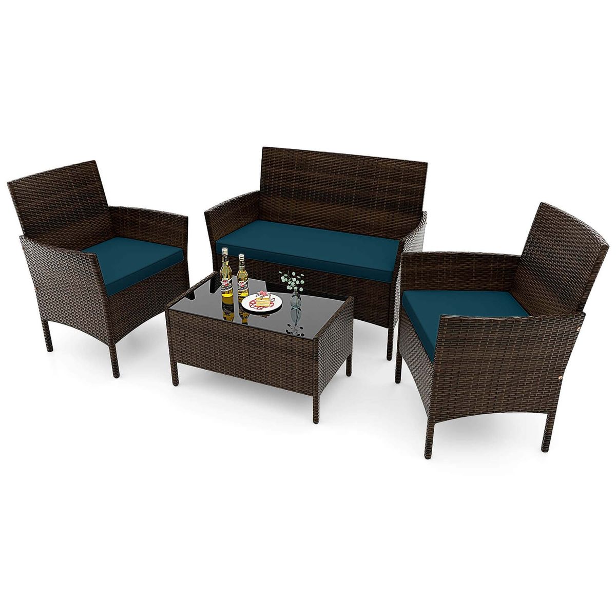 4-Piece Patio Rattan Conversation Set (8 Colors) - Patio Furniture Set-Blue