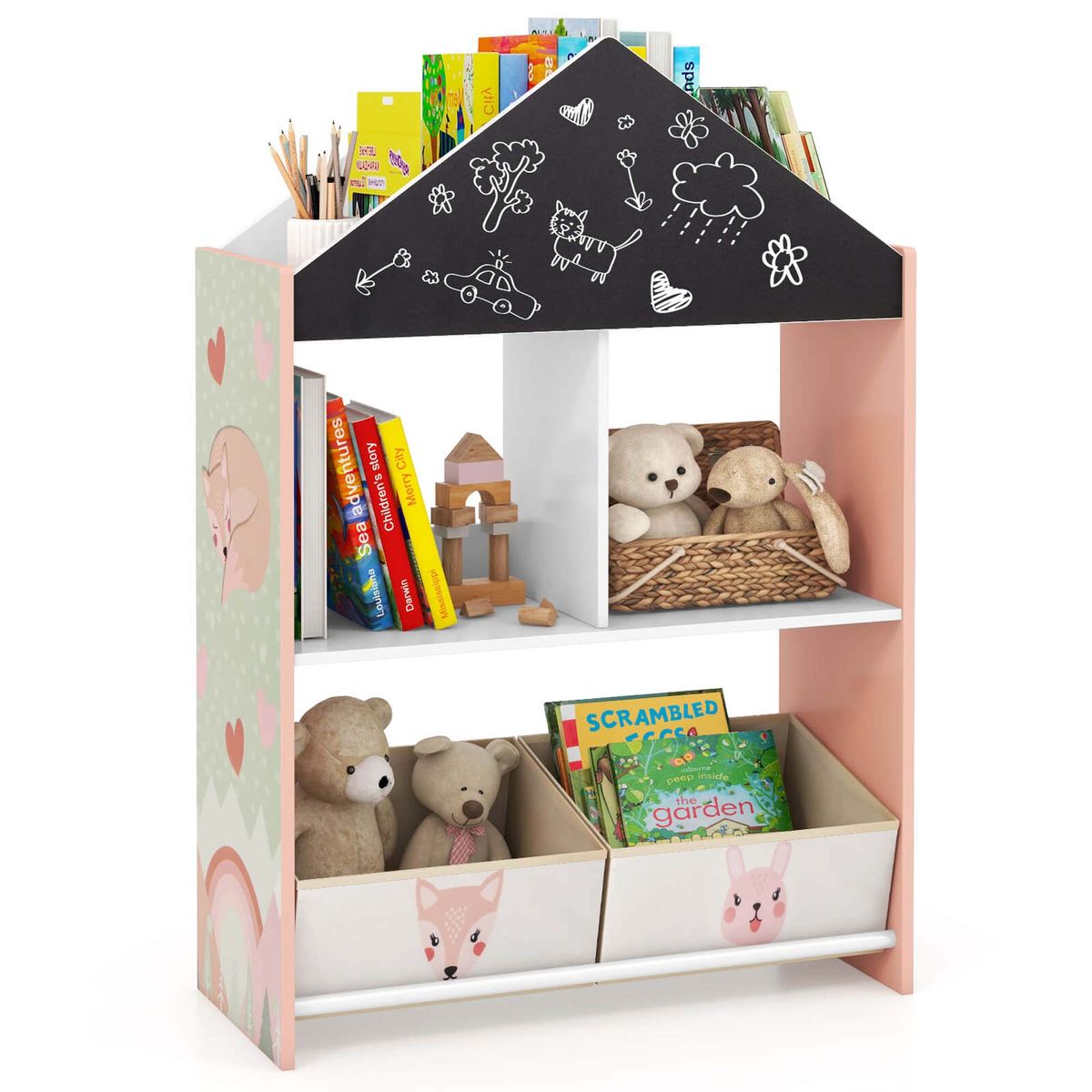 Kids Dollhouse Bookshelf with Chalkboard  and Whiteboard - Costway Kids Dollhouse Bookshe