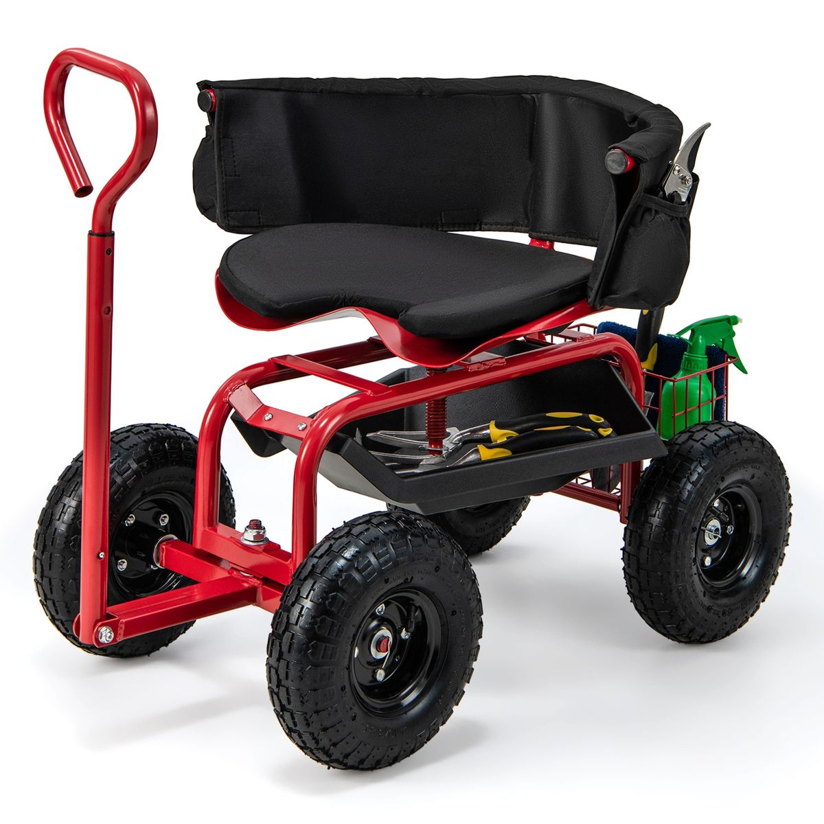 Adjustable Rolling Scooter with Swivel Seat - Rolling Garden Cart -Red