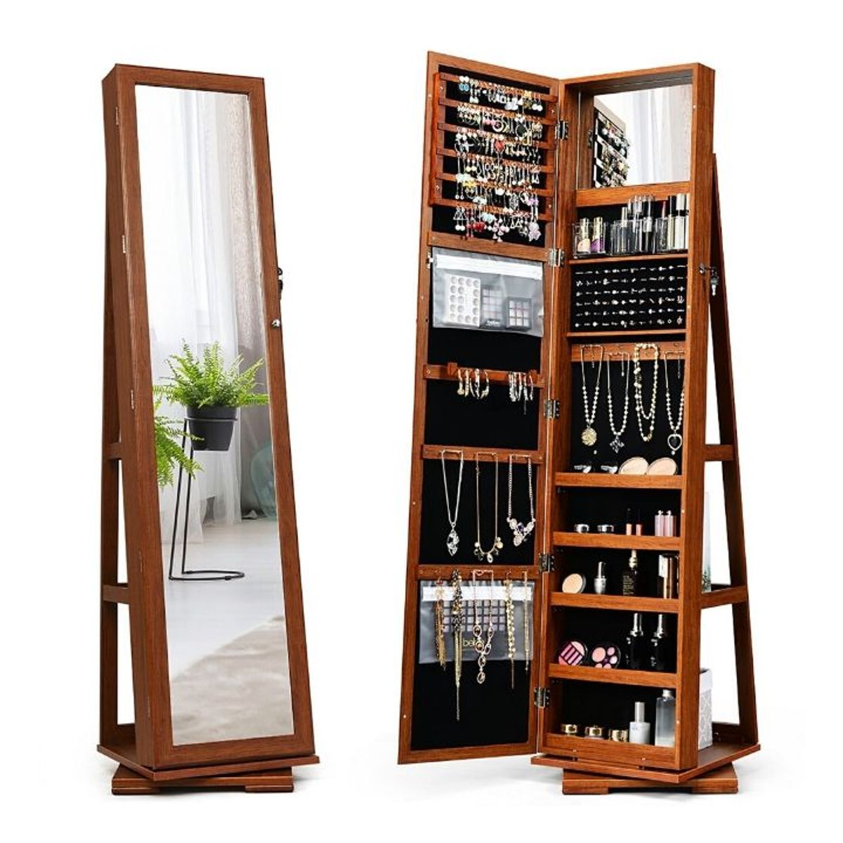2-in-1 Lockable Mirrored 360° Rotating Jewelry Armoire - Brown