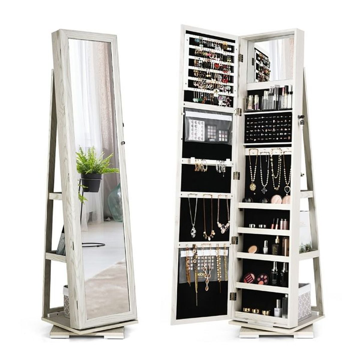 2-in-1 Lockable Mirrored 360° Rotating Jewelry Armoire - White
