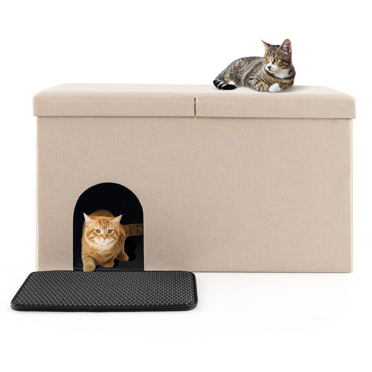 Cat Litter Box Enclosure Hidden Furniture with Urine Proof Litter Mat - Cat Litter Beige