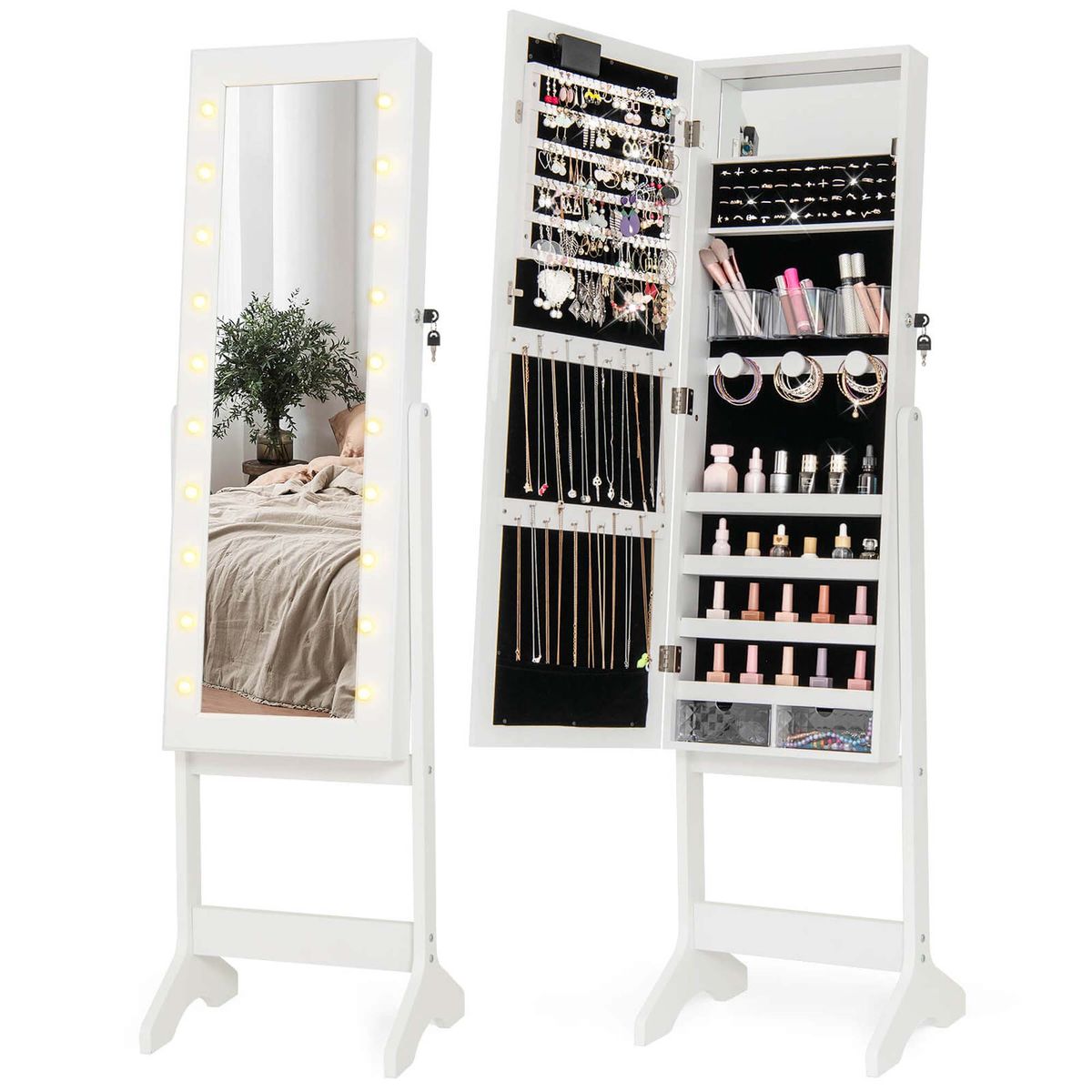 Full-Length Mirrored Jewelry Cabinet with LED Lights  - Jewelry Cabinet -White