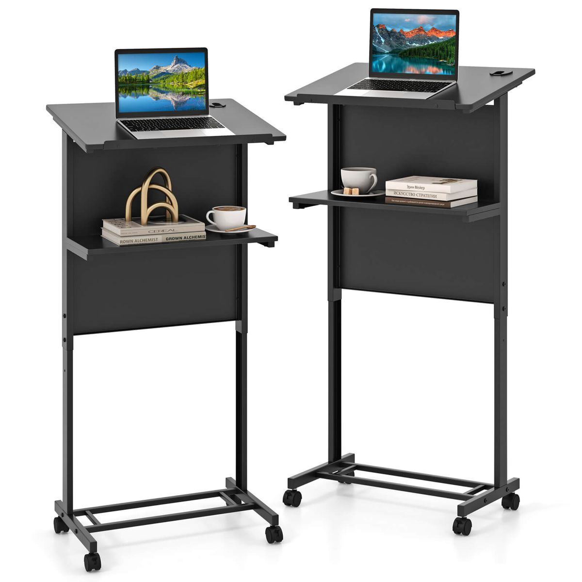 3-Position Height-Adjustable Lectern with Tilted Tabletop - Rolling Laptop Cart-2
