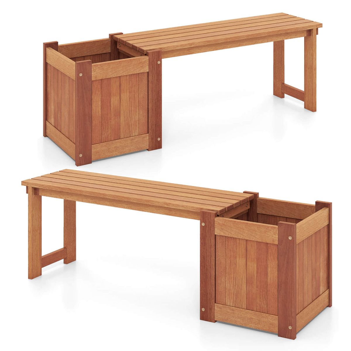 Teak Oil Finish Raised Planter Box with Bench (1 or 2-Pack) - Flower Box with Bench-2