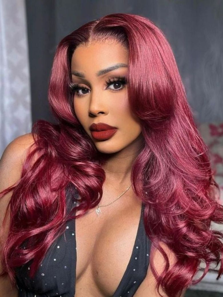 13x4 Pre-Everything Lace Frontal Plum Wine Red Hair Burgundy Loose Wave 150% Density
