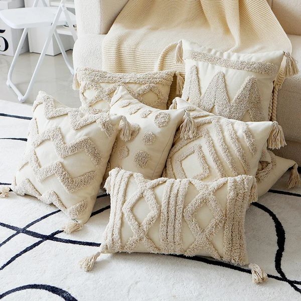 Bohemian geometric tufted soft cushion cover Moroccan beige fringe sofa pillowcase cotton canvas embroidered pillowcase decoration 241204