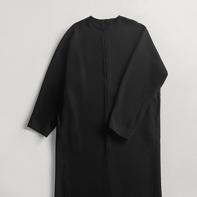 (265) Easy-to-care drapey black vinegar blend loose maxi dress with round neck and double pockets