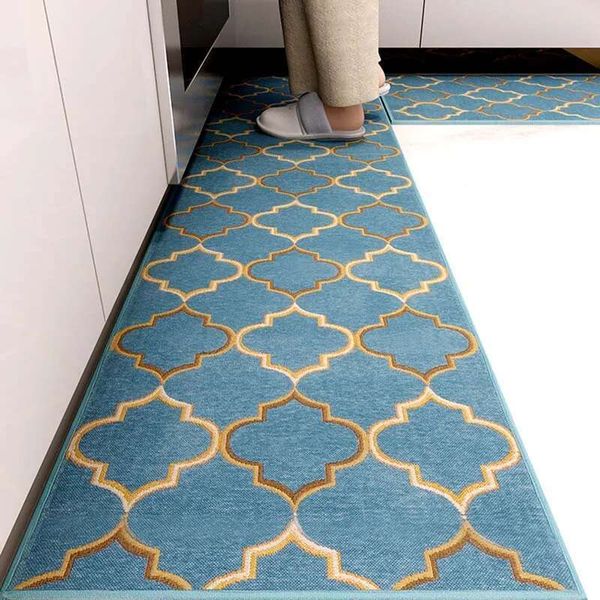 Anti-slip Kitchen or Mat Blue Lattice Rug Bath Long Strip Absorption Doormat Entrance Balcony Living Room Household Carpet R250206