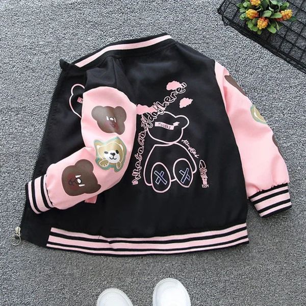 Spring Autumn Boys Girls Jacket Cartoon Bear Letter Print Baseball Uniform For 4-12 Years Children Sports Outerwear 250114