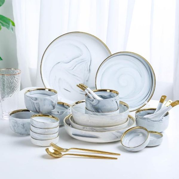 Marble Gray Ceramic Plates and Bowls Sets for 6-8-10 Dinner Plate Soup Bowl with Golden Rim Dinnerware Sets for Home
