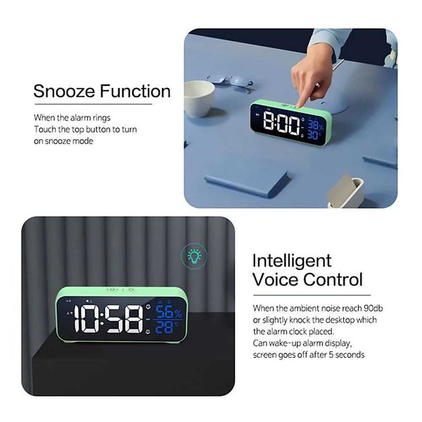 Sic LED digital alarm clock Vo control temperature and humidity display desktop clock with built-in 1200mAh desk decoration Y250111