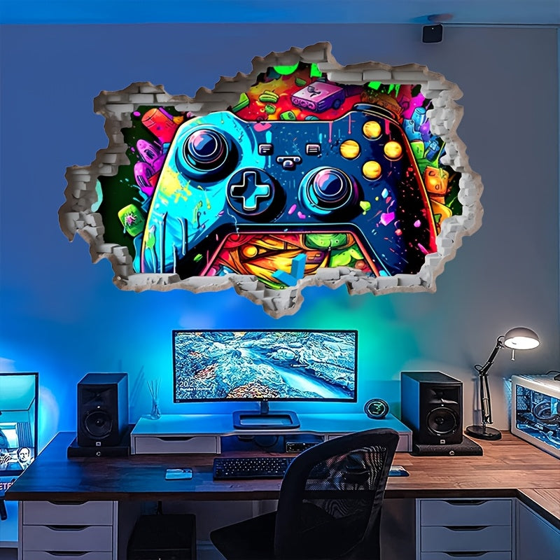 TEMU 1pc Vibrant 3d Game Controller Wall Sticker - Graffiti Style, Removable Self-adhesive Decal For Game Room & Bedroom Decor, Broken Wall Effect,