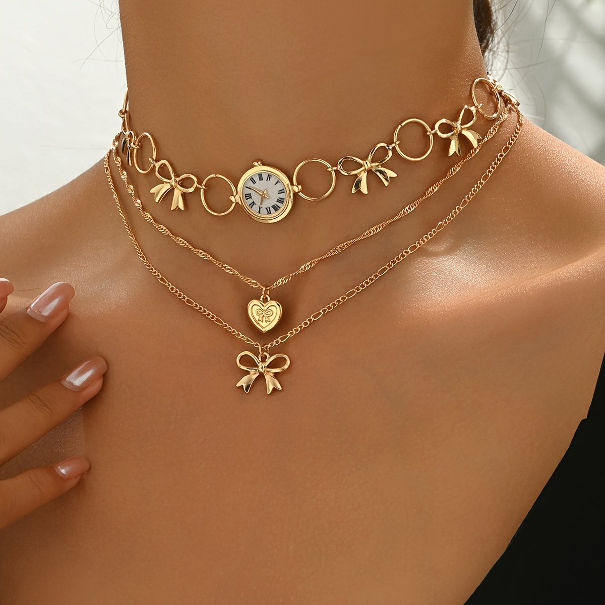 TEMU 1 Set Of Necklace With Multi-layered Peach Heart Bow Knot Pendant, Golden Accessory For Women, Vintage Casual Attire Valentine's Day Gift