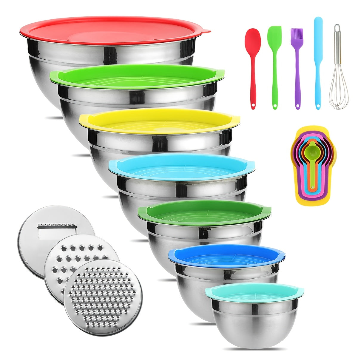 TEMU 21pcs Mixing Bowls With Lids Set, Stainless Steel Mixing Bowls With 3 Grater Attachments, Size 4.5, 4, 3.5, 2.1, 1.5, 1.1, 0.7qt, Ideal For