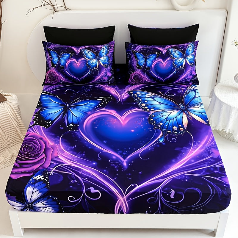 TEMU 3pcs Purple Fancy Love Flower Bed Sheet (1pc Bed Sheet+2pcs Pillowcase No Filling), Deep Pocket In 15 Inch Mattress Protector Bedroom Dormitory