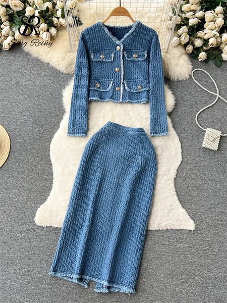 SINGREINY Women Office Lady Denim Suits Long Sleeves Autumn BlouseSplit Long Skirt Vintage Fashion Jeans Two Pieces Sets 250109