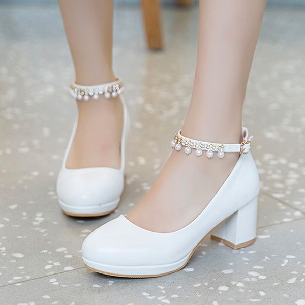 White Women Wedding Shoes Crystal Preal Ankle Strap Bridal Shoes Woman Dress Shoes Seay Pumps Sweet Party Shoes 6933