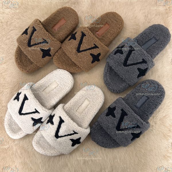 Authentic wool fur slippers womens sandals ladies designer fluffy fuzzy slippers winter indoor office casual shoes flat mule rubber flip-flo