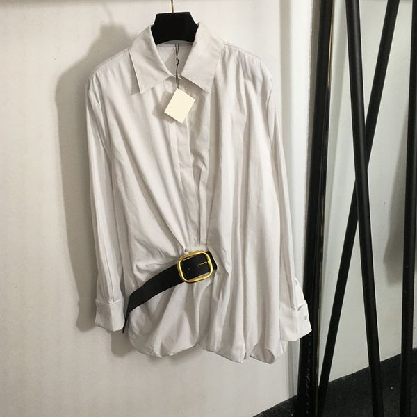 Women Designer Belt Shirt Daily Casual Cropped Blouse Top Long Sleeve Lapel Shirts Luxury Elegant Shirts