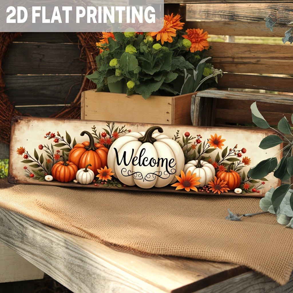 TEMU 2d Flat, 1pc Rustic Farmhouse Welcome Metal Wall Decor Sign - Vintage Decoration With Pumpkin, Leaf & Wreath Design In Orange, Brown, Green,
