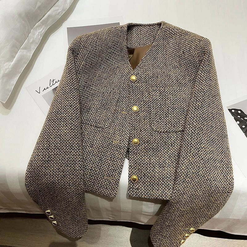 MEXZT Vintage Cropped Tweed Jacket Women Elegant Short Blazer Autumn Korean Single-Breasted All Match Casual Chic Outerwear Tops 240821