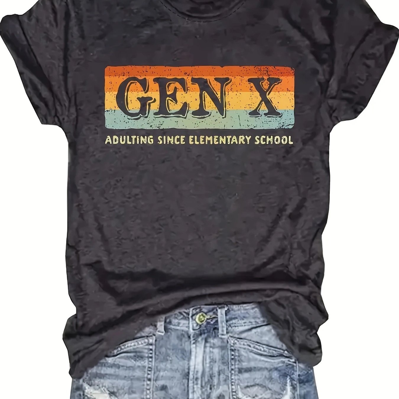 TEMU Plus Size Women's Oversized " Adulting" Nostalgia T-shirt - Striped Banner Graphic ( & Year Letters), Breathable Summer-fall Casual Tee, Machine