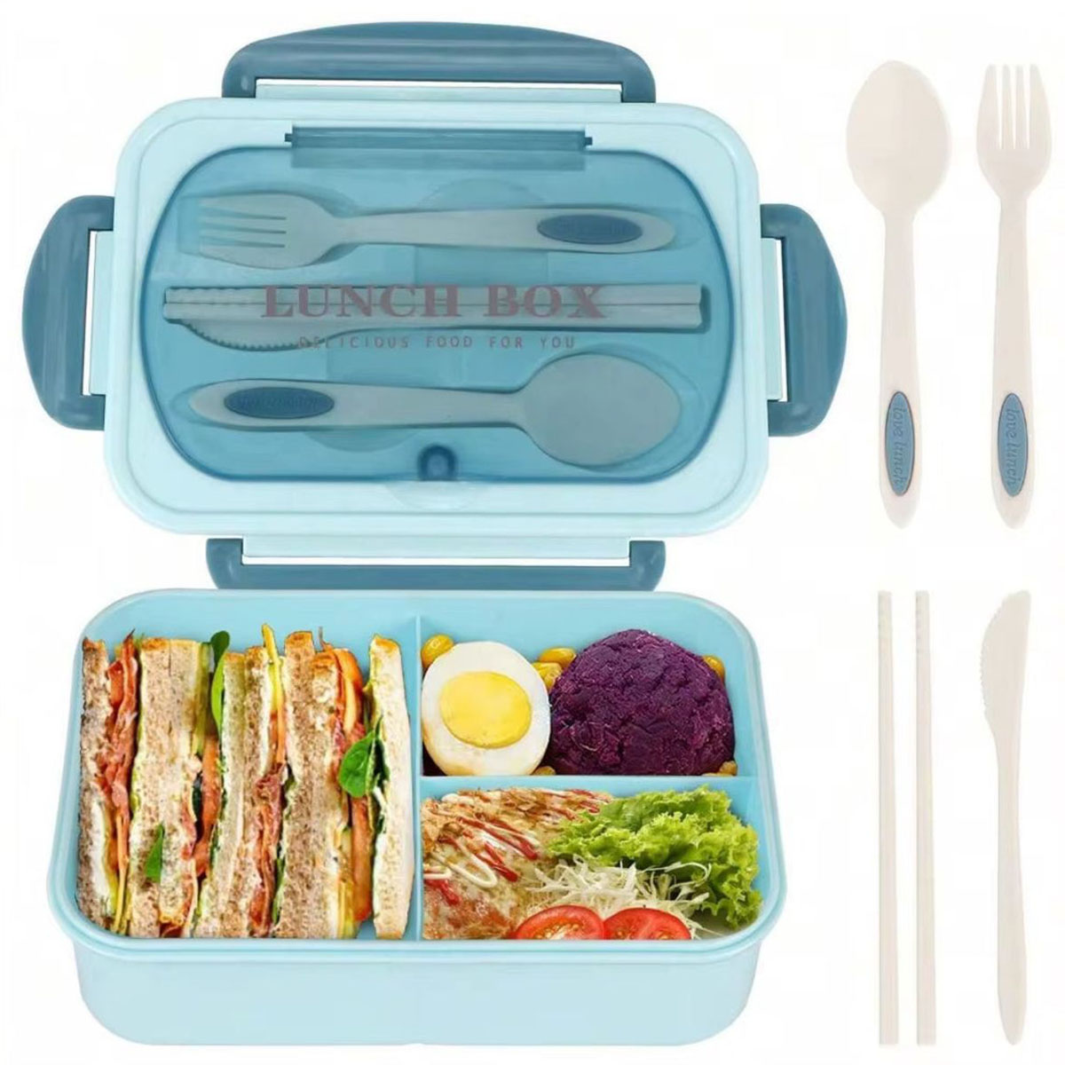 Microwave-Safe Insulated Bento Lunch Box with Utensil Set - Blue