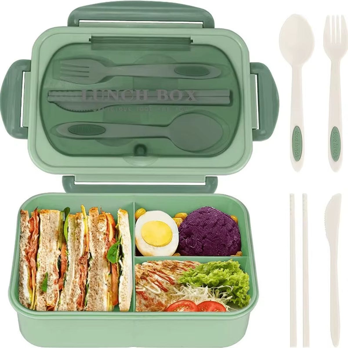 Microwave-Safe Insulated Bento Lunch Box with Utensil Set - Green