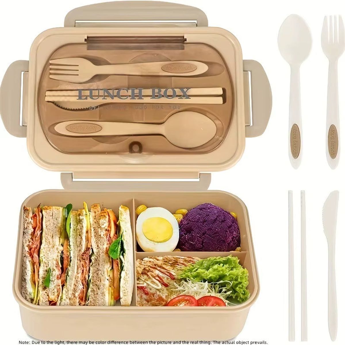 Microwave-Safe Insulated Bento Lunch Box with Utensil Set - Beige